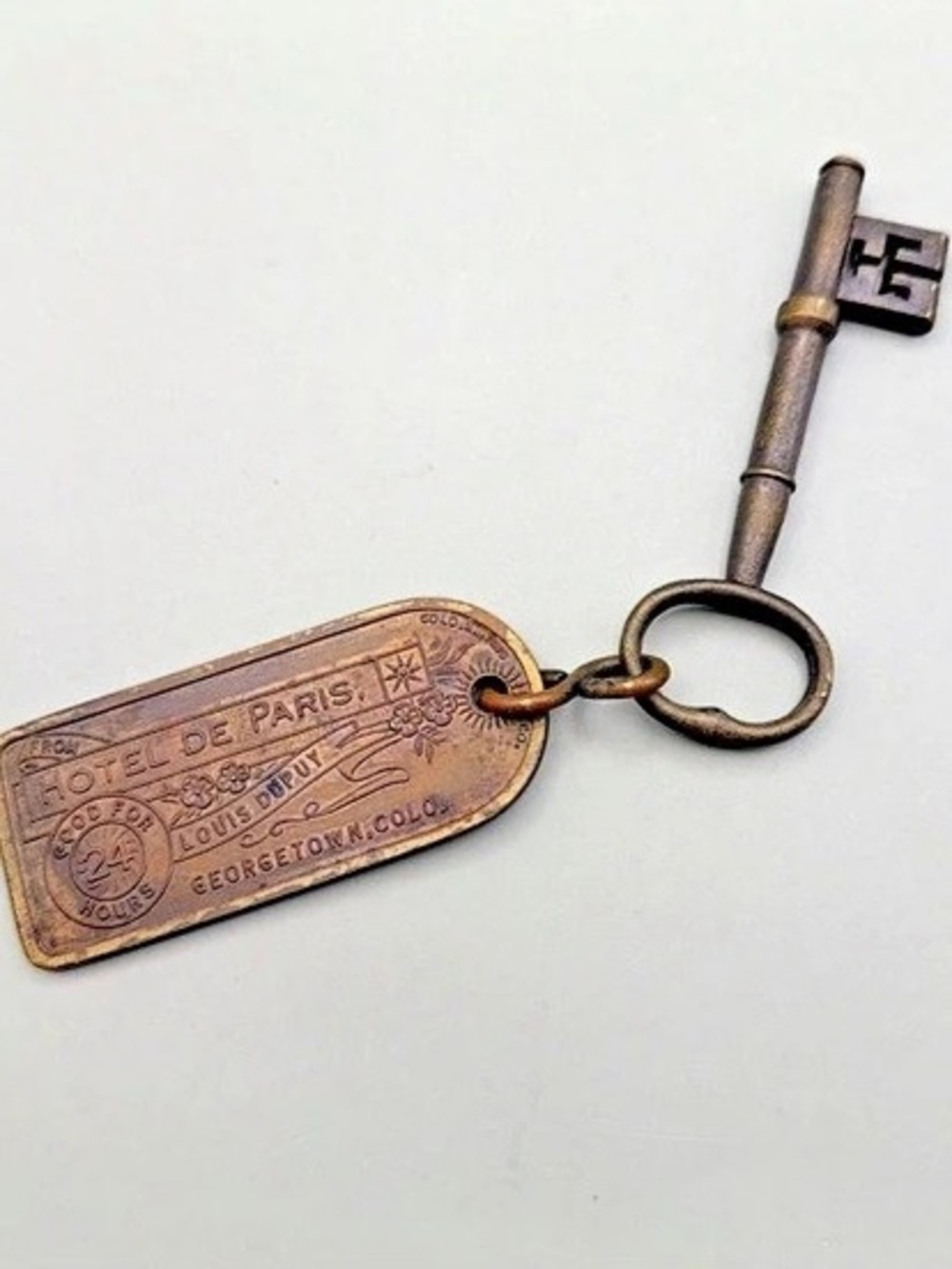 Brothel Room Key with Tag “Hotel De Paris” Georgetown Colo. Antique Finish